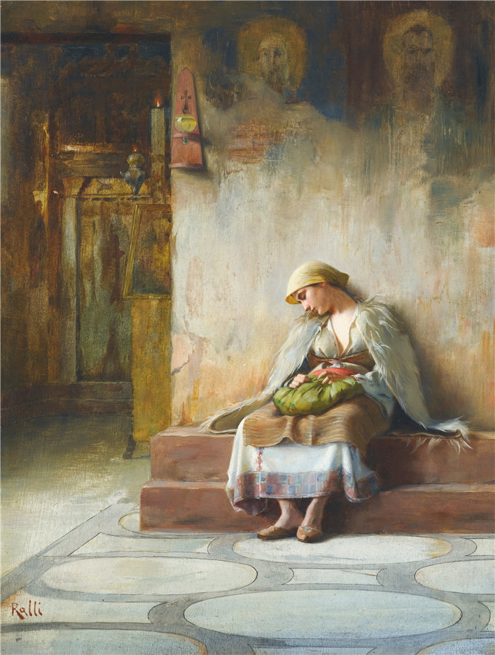 西奥多罗斯·拉利（Theodoros Ralli，希腊画家）作品--睡在教堂里的年轻女孩