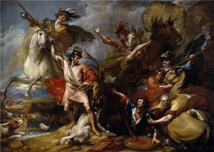 本杰明·韦斯特 (Benjamin West，美国画家)作品--苏格兰的亚历山大三世因科林·菲茨杰拉德的勇敢而从雄鹿的愤怒中解救出来（“雄鹿之死”）（1786 年）