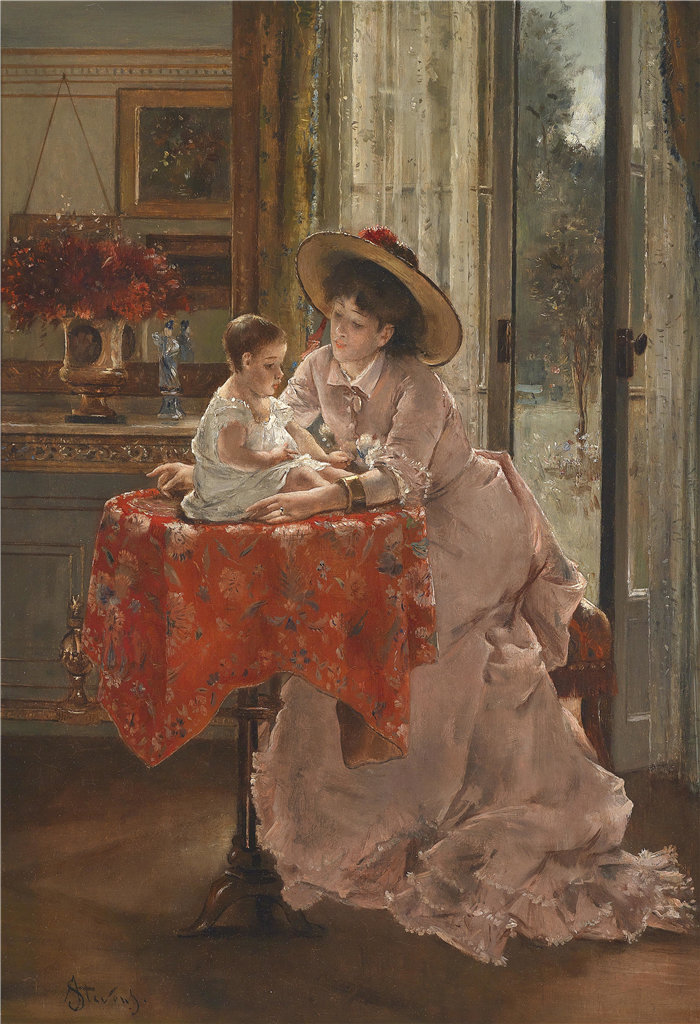 阿尔弗雷德·史蒂文斯（Alfred Stevens，比利时画家）作品-快乐的母亲
