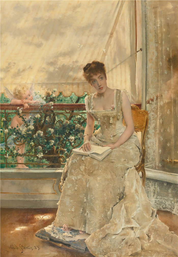 阿尔弗雷德·史蒂文斯（Alfred Stevens，比利时画家）作品-《女人与爱》（1885年）