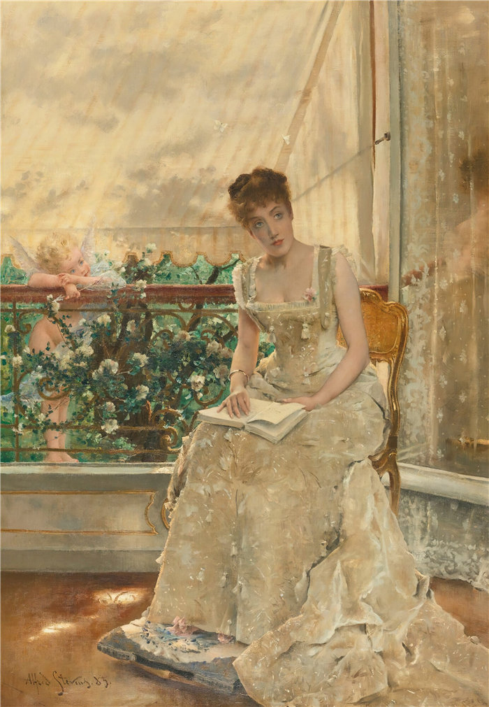 阿尔弗雷德·史蒂文斯(Alfred Stevens,比利时画家)作品-《女人与爱》(1885年)