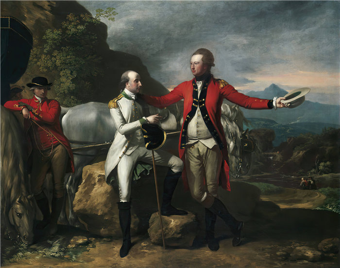 本杰明·韦斯特 (Benjamin West，美国画家)作品--风景中的两个军官和一个新郎（1777）