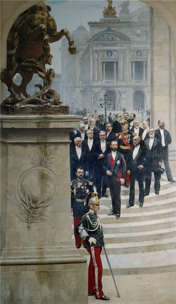 阿尔弗雷德·史蒂文斯（Alfred Stevens，比利时画家）作品-萨迪·卡诺总统在歌剧院前被第三共和国的人物包围（1889年）