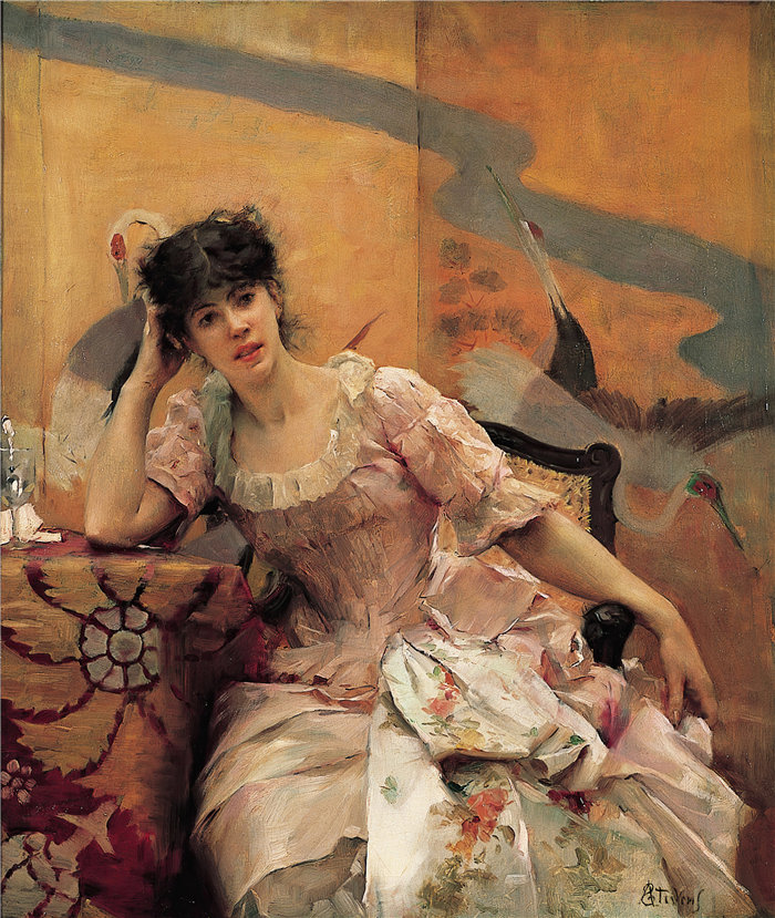 阿尔弗雷德·史蒂文斯（Alfred Stevens，比利时画家）作品-日本银幕的年轻女子（约 1880 年）