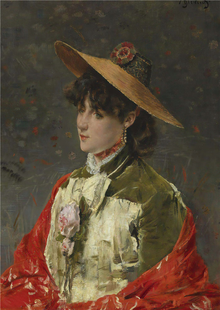 阿尔弗雷德·史蒂文斯（Alfred Stevens，比利时画家）作品-戴草帽的女人
