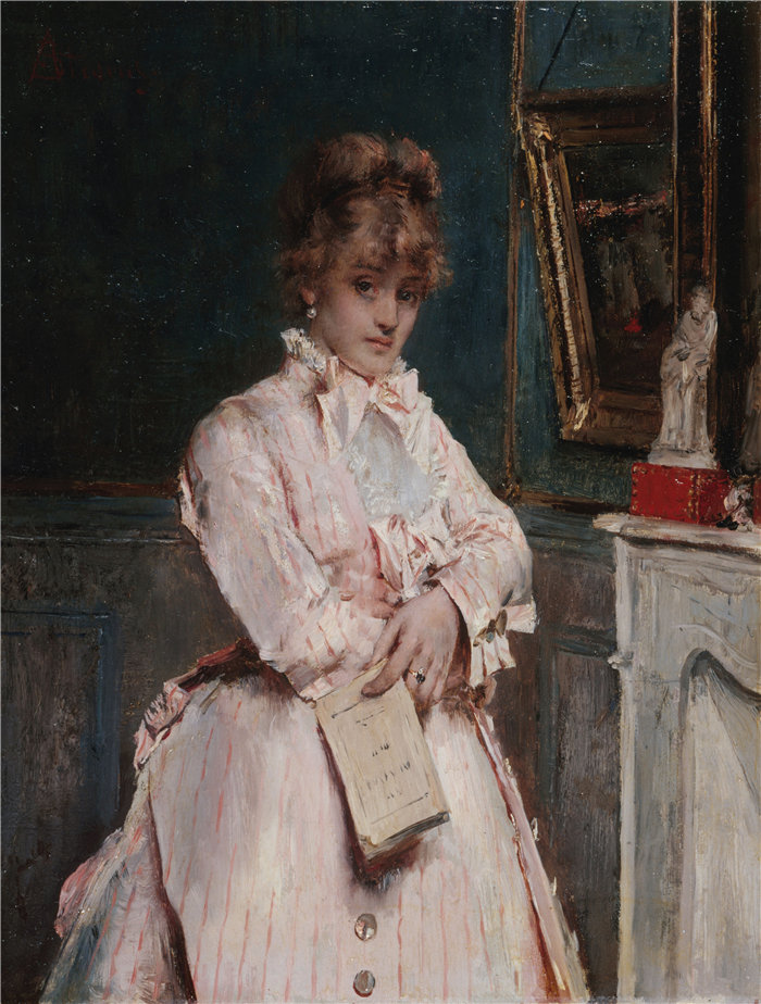 阿尔弗雷德·史蒂文斯(Alfred Stevens,比利时画家)作品-年轻女子拿着一本书(1870)