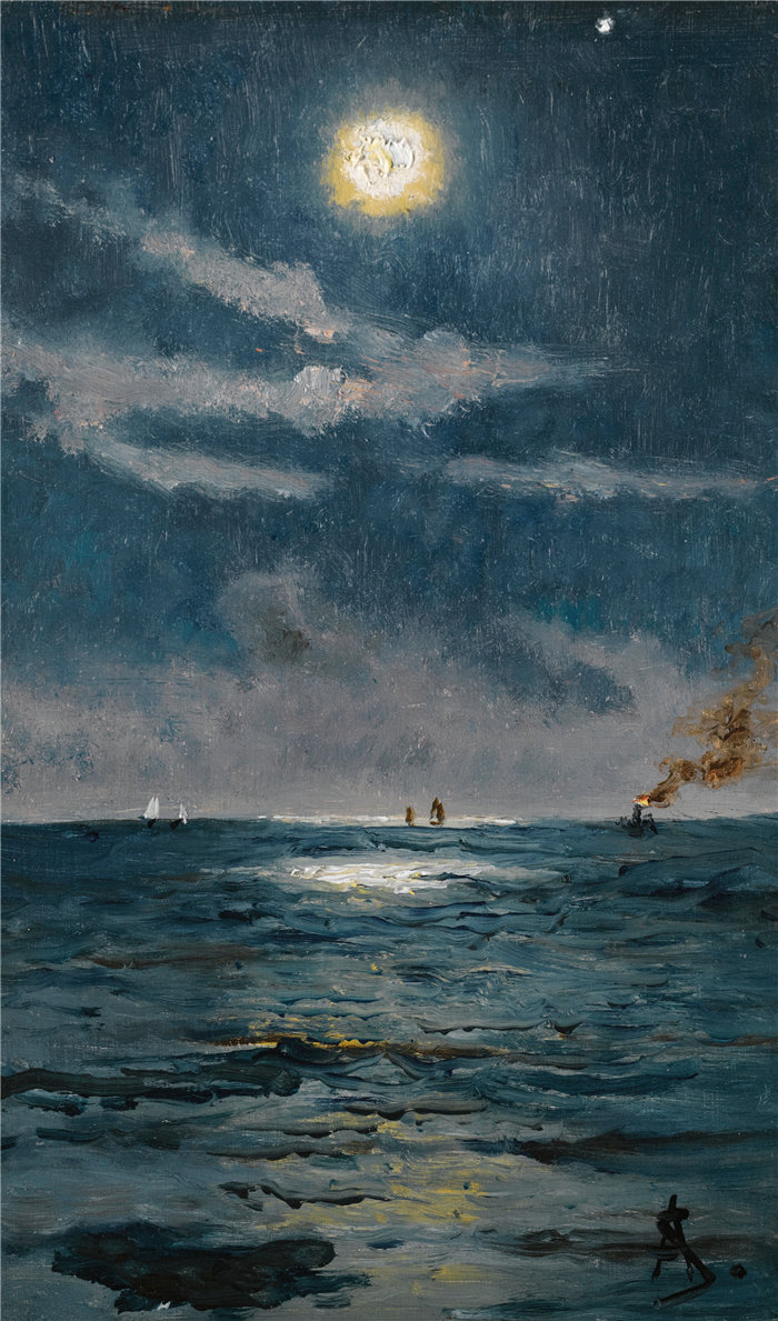 阿尔弗雷德·史蒂文斯(Alfred Stevens,比利时画家)作品-平静的月光下的海洋场景