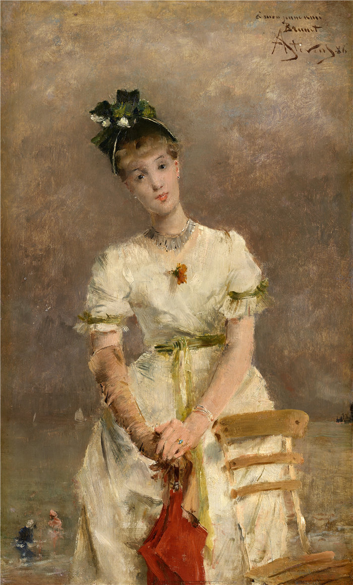 阿尔弗雷德·史蒂文斯（Alfred Stevens，比利时画家）作品-海边的年轻女子 (1886)