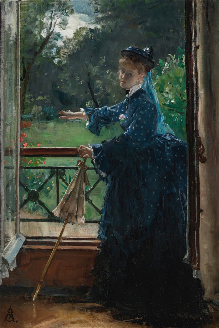阿尔弗雷德·史蒂文斯（Alfred Stevens，比利时画家）作品-阳台的女人