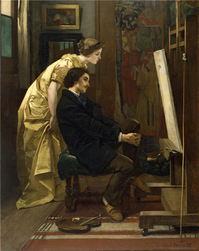 阿尔弗雷德·史蒂文斯（Alfred Stevens，比利时画家）作品-画家和他的模特 (1855)