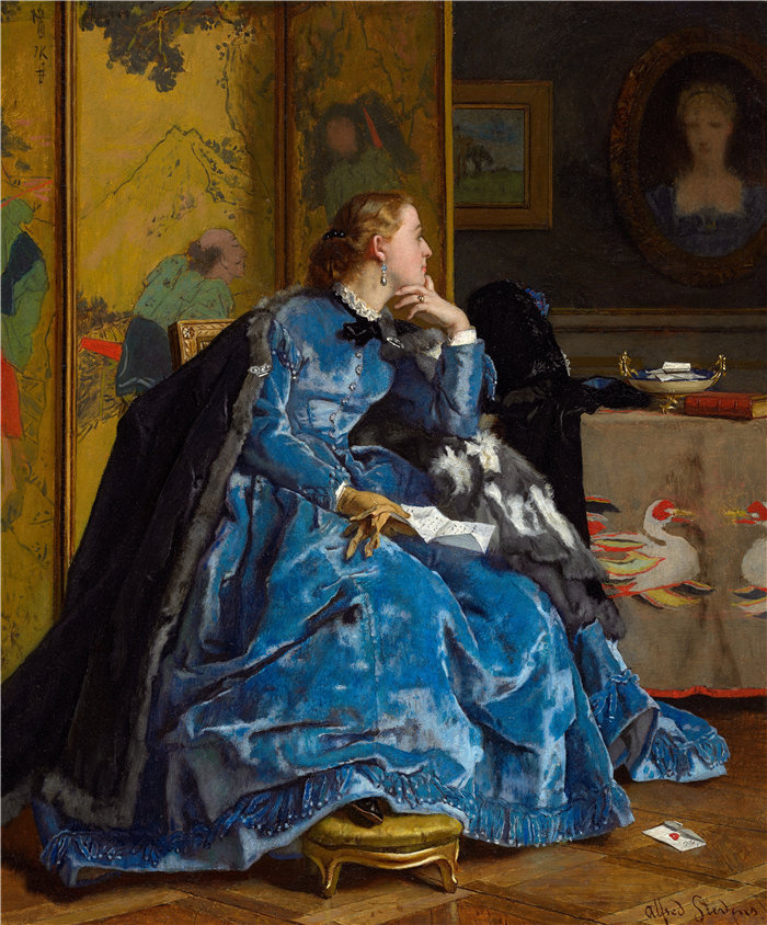 阿尔弗雷德·史蒂文斯（Alfred Stevens，比利时画家）作品-公爵夫人（蓝色连衣裙）（约 1866 年）