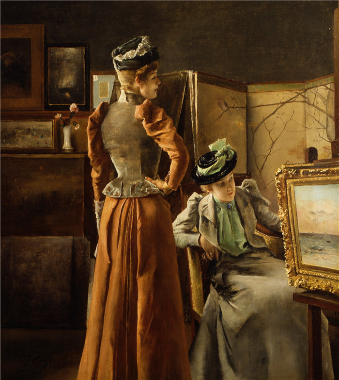 阿尔弗雷德·史蒂文斯（Alfred Stevens，比利时画家）作品-看着一幅画 (1891)