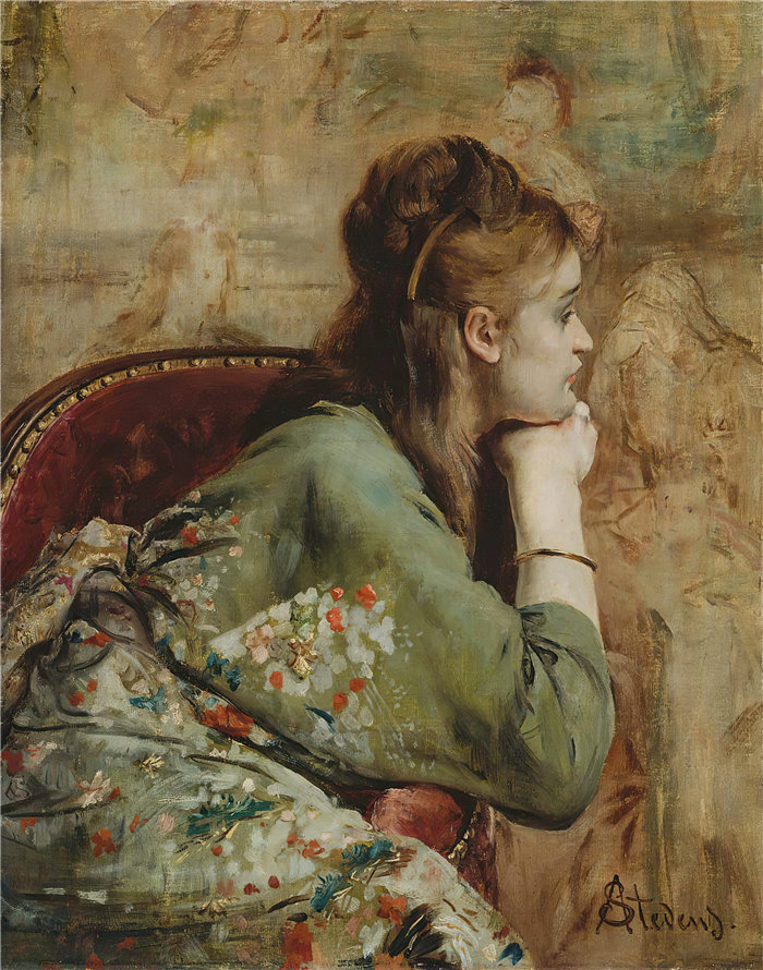 阿尔弗雷德·史蒂文斯（Alfred Stevens，比利时画家）作品-冥想（大约 1872 年）