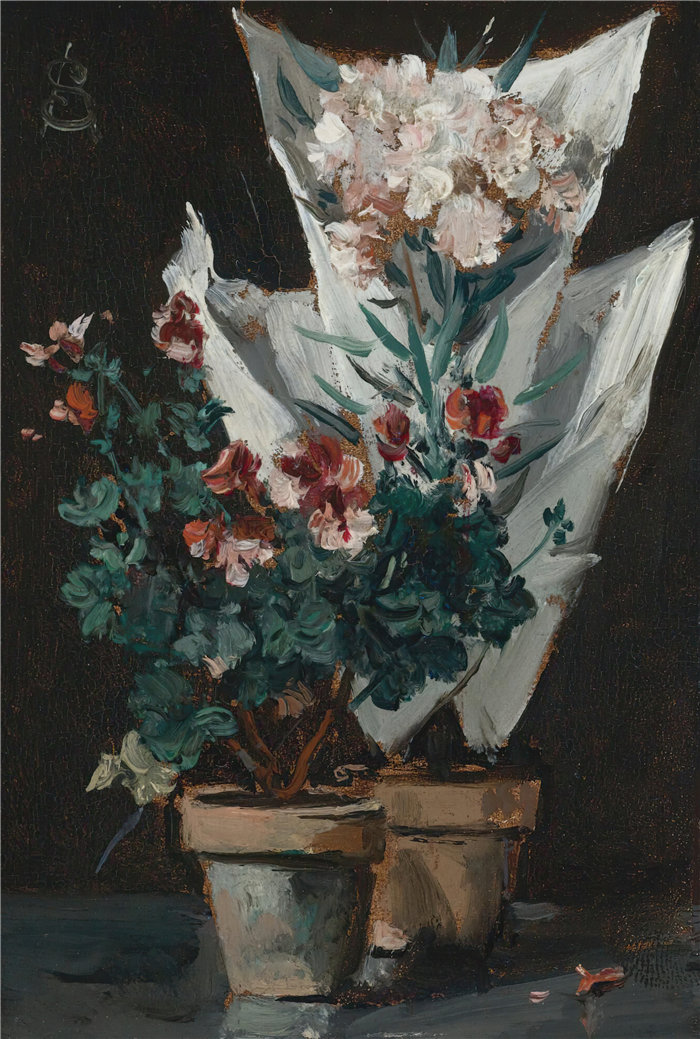 阿尔弗雷德·史蒂文斯（Alfred Stevens，比利时画家）作品-盆栽天竺葵静物