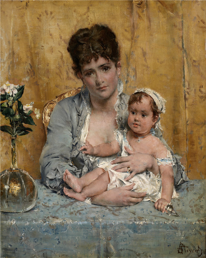 阿尔弗雷德·史蒂文斯（Alfred Stevens，比利时画家）作品-母子（约 1875–80 年）