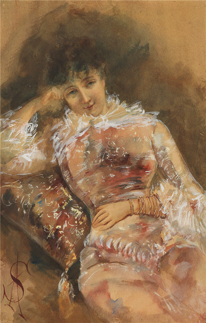 阿尔弗雷德·史蒂文斯(Alfred Stevens,比利时画家)作品-莎拉·伯恩哈特的肖像 (1880)