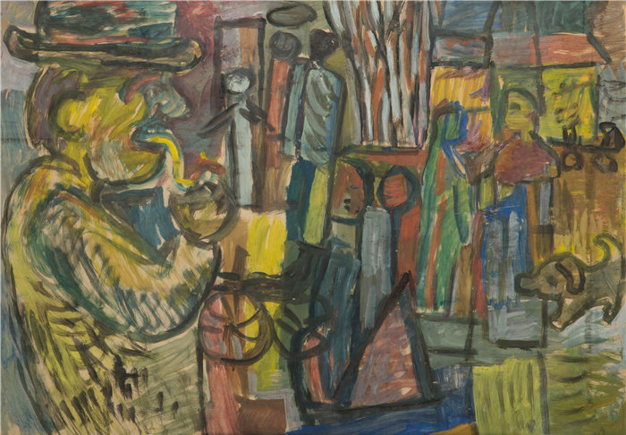 亚历山大·萨萨·布朗德 (Aleksander Sasza Blonder,波兰画家)作品-后院拿着烟斗的男人(1936)