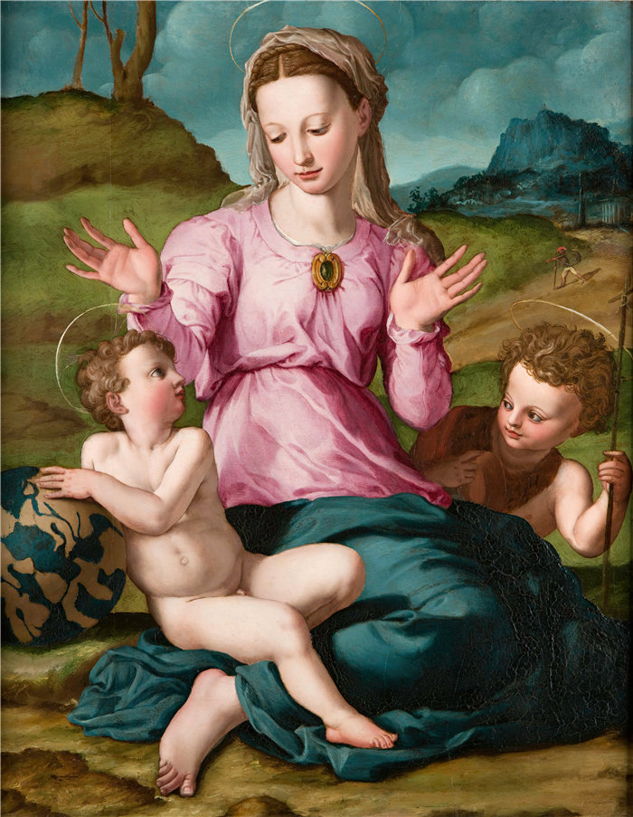 阿格诺洛·布龙齐诺(Agnolo Bronzino,意大利画家)作品-麦当娜和孩子与施洗者圣约翰(约 1540 年)