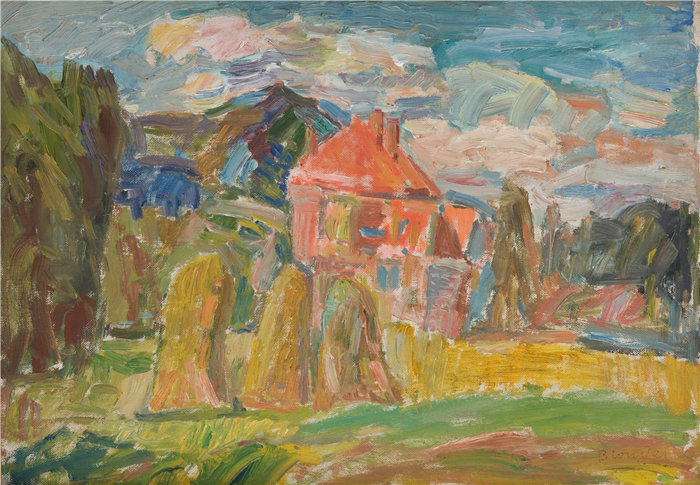 亚历山大·萨萨·布朗德 (Aleksander Sasza Blonder,波兰画家)作品-有红房子的风景(1937)