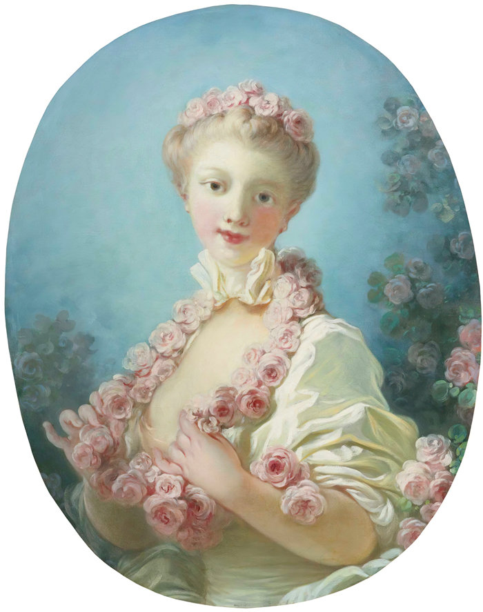 让·奥诺雷·弗拉戈纳尔（Jean Honoré Fragonard，法国画家）作品 –一个年轻的金发女人，脖子上挂着玫瑰花环