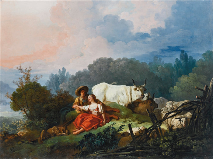 让·奥诺雷·弗拉戈纳尔（Jean Honoré Fragonard，法国画家）作品 –牧羊人和牧羊女休息的田园风光