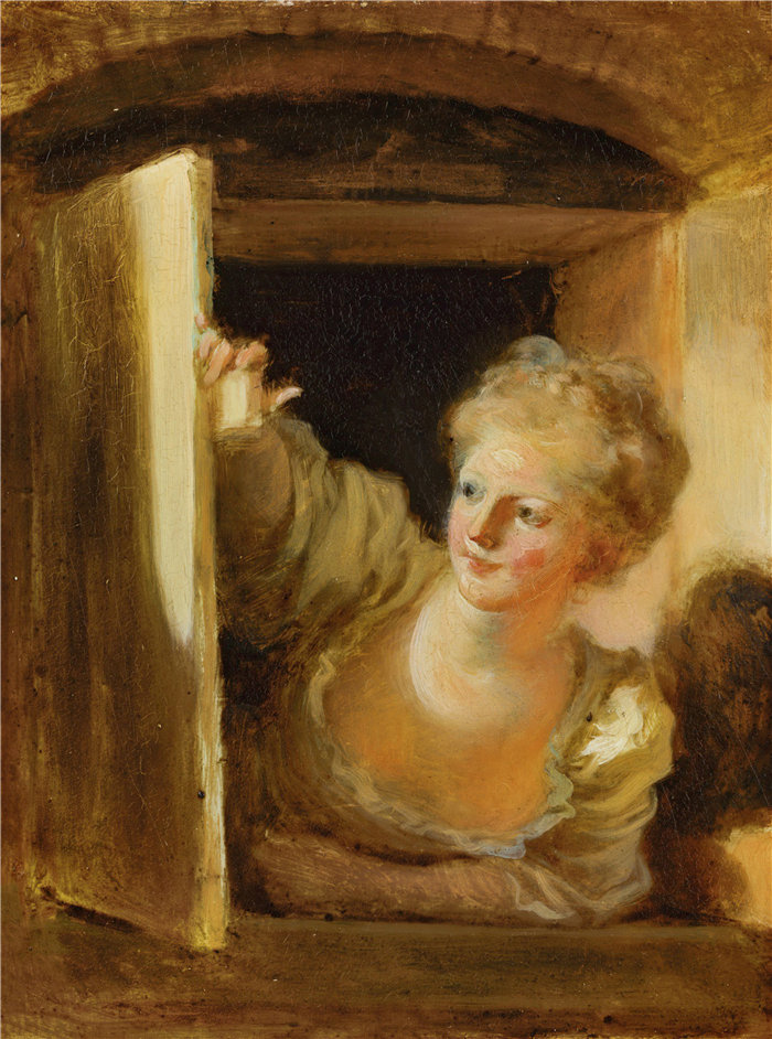 让·奥诺雷·弗拉戈纳尔（Jean Honoré Fragonard，法国画家）作品 –一个从窗户探出头的年轻女人