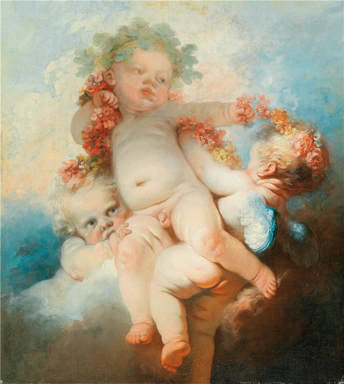 让·奥诺雷·弗拉戈纳尔（Jean Honoré Fragonard，法国画家）作品 –三个普蒂加冕鲜花