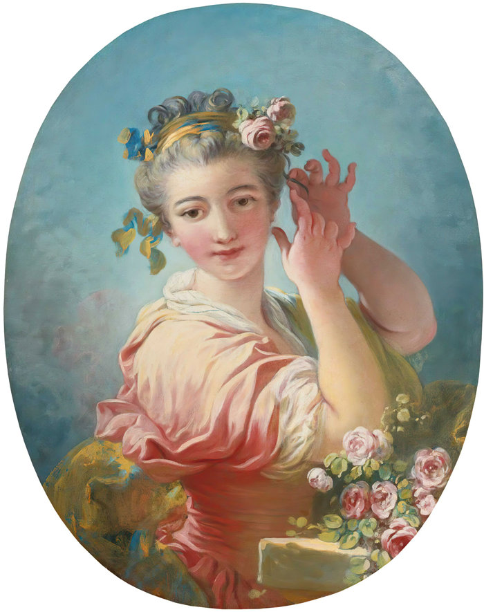 让·奥诺雷·弗拉戈纳尔（Jean Honoré Fragonard，法国画家）作品 –一位年轻女子用一束玫瑰装饰她的粉状头发
