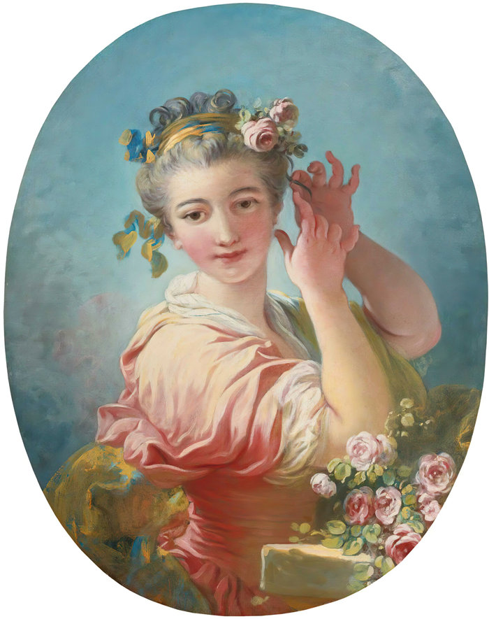让·奥诺雷·弗拉戈纳尔(Jean Honoré Fragonard,法国画家)作品 –一位年轻女子用一束玫瑰装饰她的粉状头发