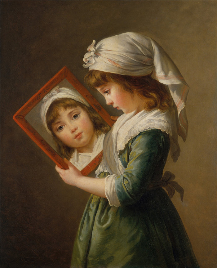 伊莉莎白·维杰·勒布伦（Louise Élisabeth Vigée Le Brun，法国画家 ）作品--朱莉·勒布伦照镜子 (1787)
