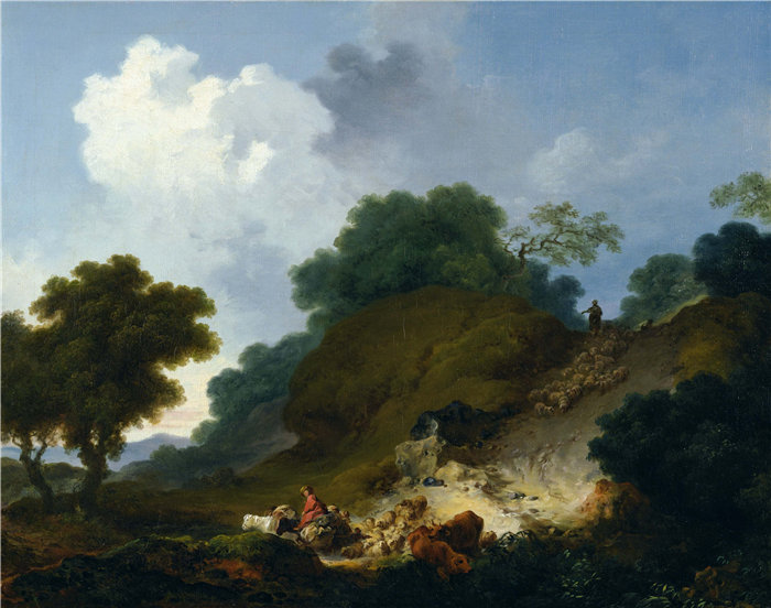 让·奥诺雷·弗拉戈纳尔（Jean Honoré Fragonard，法国画家）作品 –牧羊人和羊群的风景