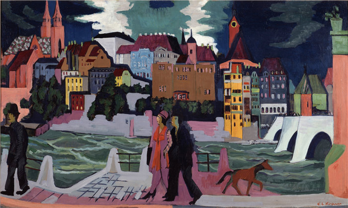 恩斯特·路德维希·基希纳（Ernst Ludwig Kirchner，德国画家）作品-巴塞尔和莱茵河景观（1927-28）