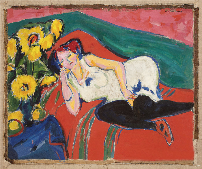 恩斯特·路德维希·基希纳（Ernst Ludwig Kirchner，德国画家）作品-穿着白色衬衣斜倚的女人（约 1909 年）