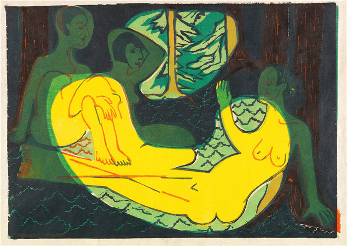 恩斯特·路德维希·基希纳(Ernst Ludwig Kirchner,德国画家)作品-《森林中的三幕》(1933)