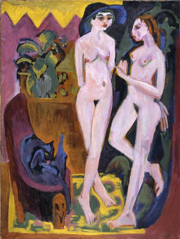 恩斯特·路德维希·基希纳（Ernst Ludwig Kirchner，德国画家）作品-房间里的两个裸 体（1914）