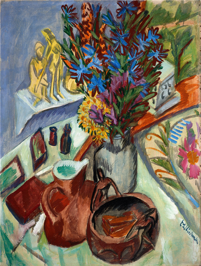 恩斯特·路德维希·基希纳（Ernst Ludwig Kirchner，德国画家）作品-有壶和非洲碗的静物 (1912)