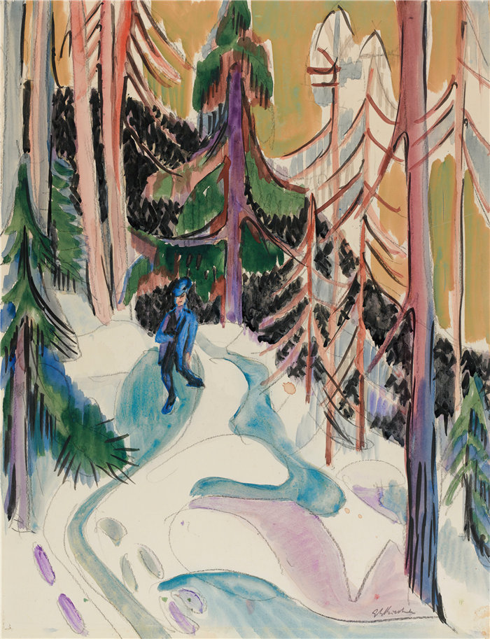 恩斯特·路德维希·基希纳（Ernst Ludwig Kirchner，德国画家）作品-在森林中漫步（1928）