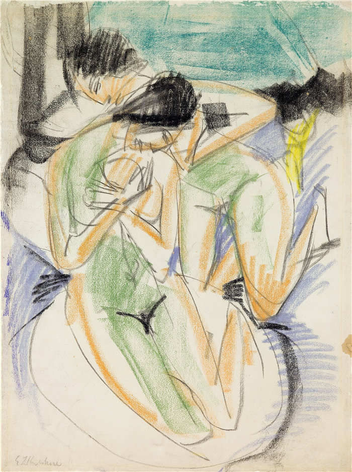 恩斯特·路德维希·基希纳（Ernst Ludwig Kirchner，德国画家）作品-两个裸体 (1914)
