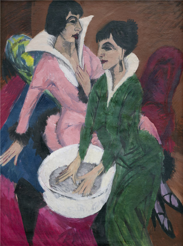 恩斯特·路德维希·基希纳（Ernst Ludwig Kirchner，德国画家）作品-水槽旁的两个女人；姐妹们 (1913)