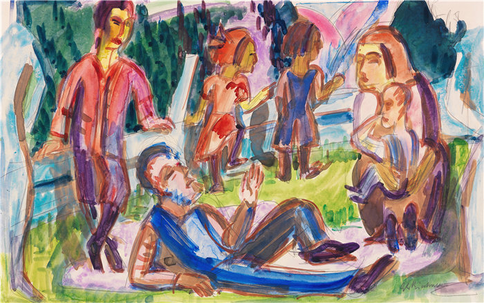 恩斯特·路德维希·基希纳(Ernst Ludwig Kirchner,德国画家)作品-牧场上的家庭(1922)