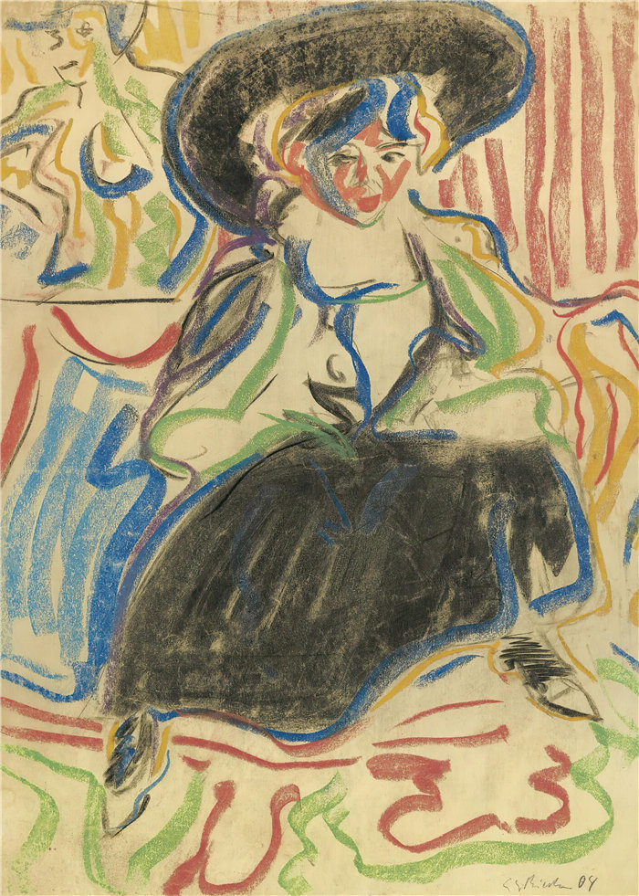 恩斯特·路德维希·基希纳（Ernst Ludwig Kirchner，德国画家）作品-戴帽子的坐着的女孩（1904）