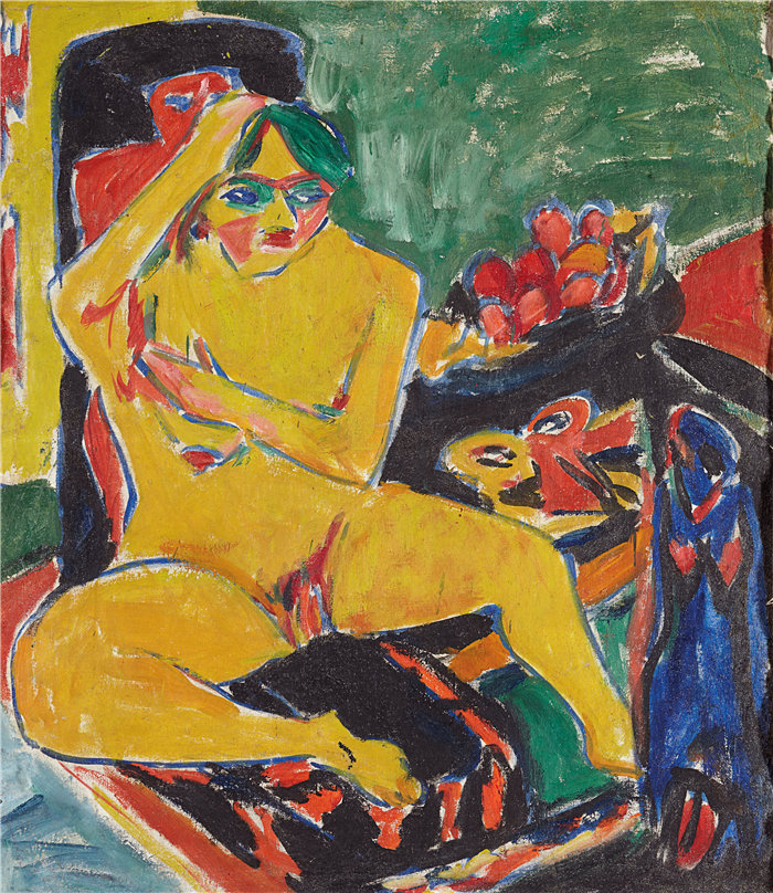 恩斯特·路德维希·基希纳(Ernst Ludwig Kirchner,德国画家)作品-工作室的裸体(约 1910 年)