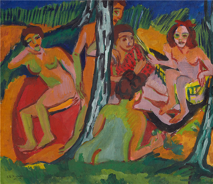 恩斯特·路德维希·基希纳（Ernst Ludwig Kirchner，德国画家）作品-森林场景（莫里茨堡湖）（约 1909 – 1925）