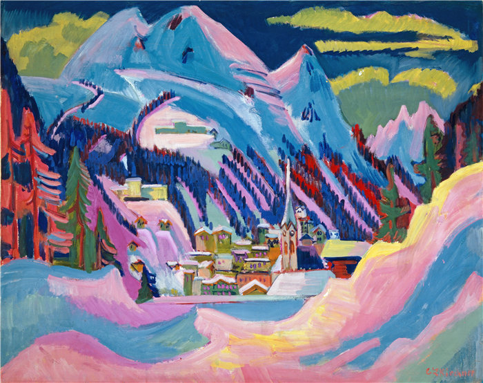 恩斯特·路德维希·基希纳（Ernst Ludwig Kirchner，德国画家）作品-冬天的达沃斯。雪中​​达沃斯 (1923)