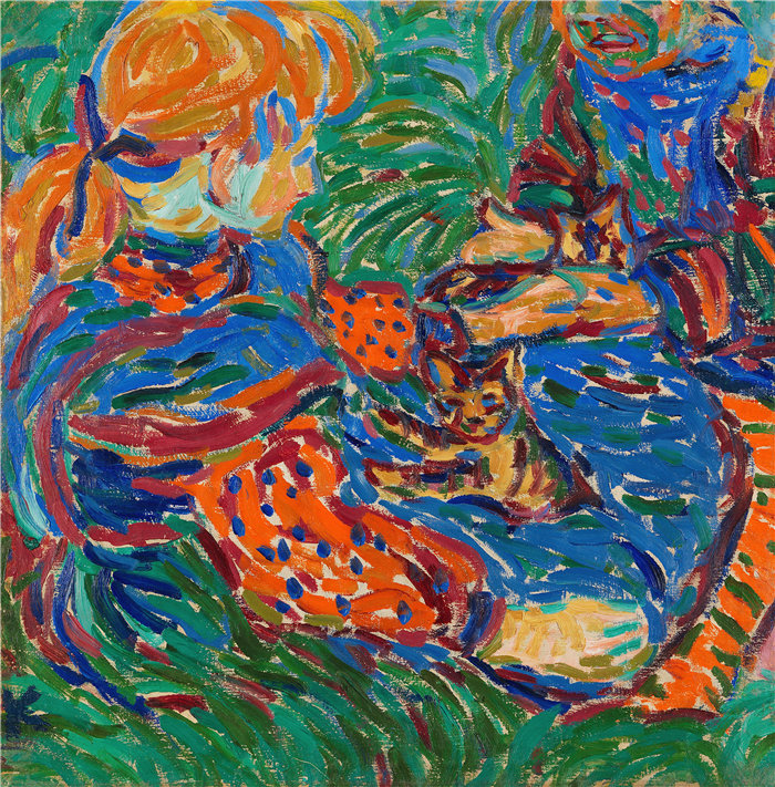恩斯特·路德维希·基希纳（Ernst Ludwig Kirchner，德国画家）作品-两个女孩玩猫（1907年）
