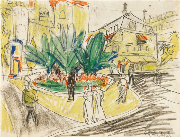 恩斯特·路德维希·基希纳(Ernst Ludwig Kirchner,德国画家)作品-德累斯顿阿尔伯特广场的 Bosquet(1910-11)