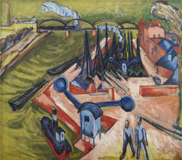 恩斯特·路德维希·基希纳（Ernst Ludwig Kirchner，德国画家）作品-美因河畔法兰克福的西港 (1916)
