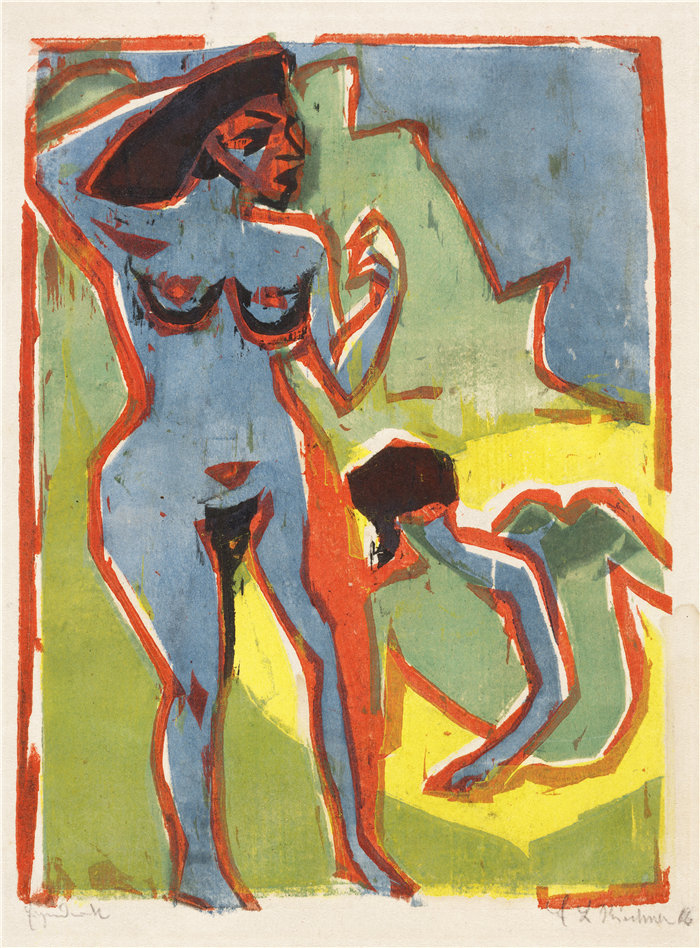 恩斯特·路德维希·基希纳（Ernst Ludwig Kirchner，德国画家）作品-沐浴的女人（莫里茨堡）（1909）