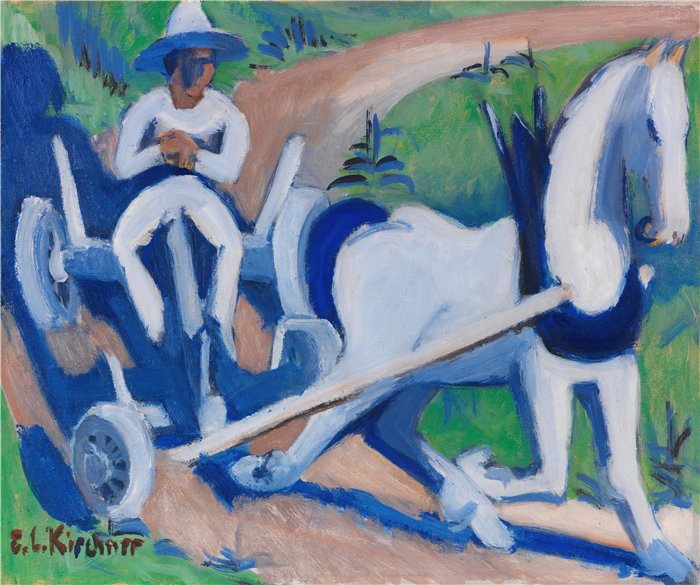 恩斯特·路德维希·基希纳（Ernst Ludwig Kirchner，德国画家）作品-带马的农用马车（1922年）