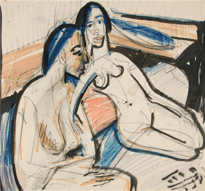 恩斯特·路德维希·基希纳(Ernst Ludwig Kirchner,德国画家)作品-工作室里的两个坐着的女人(1912)